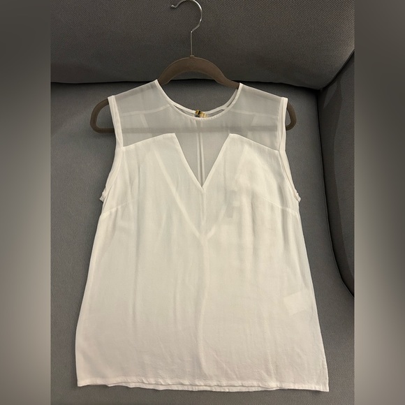 Sandro White Sleeveless Blouse with Faux Mesh V-Neck (2/M) - Picture 4 of 12